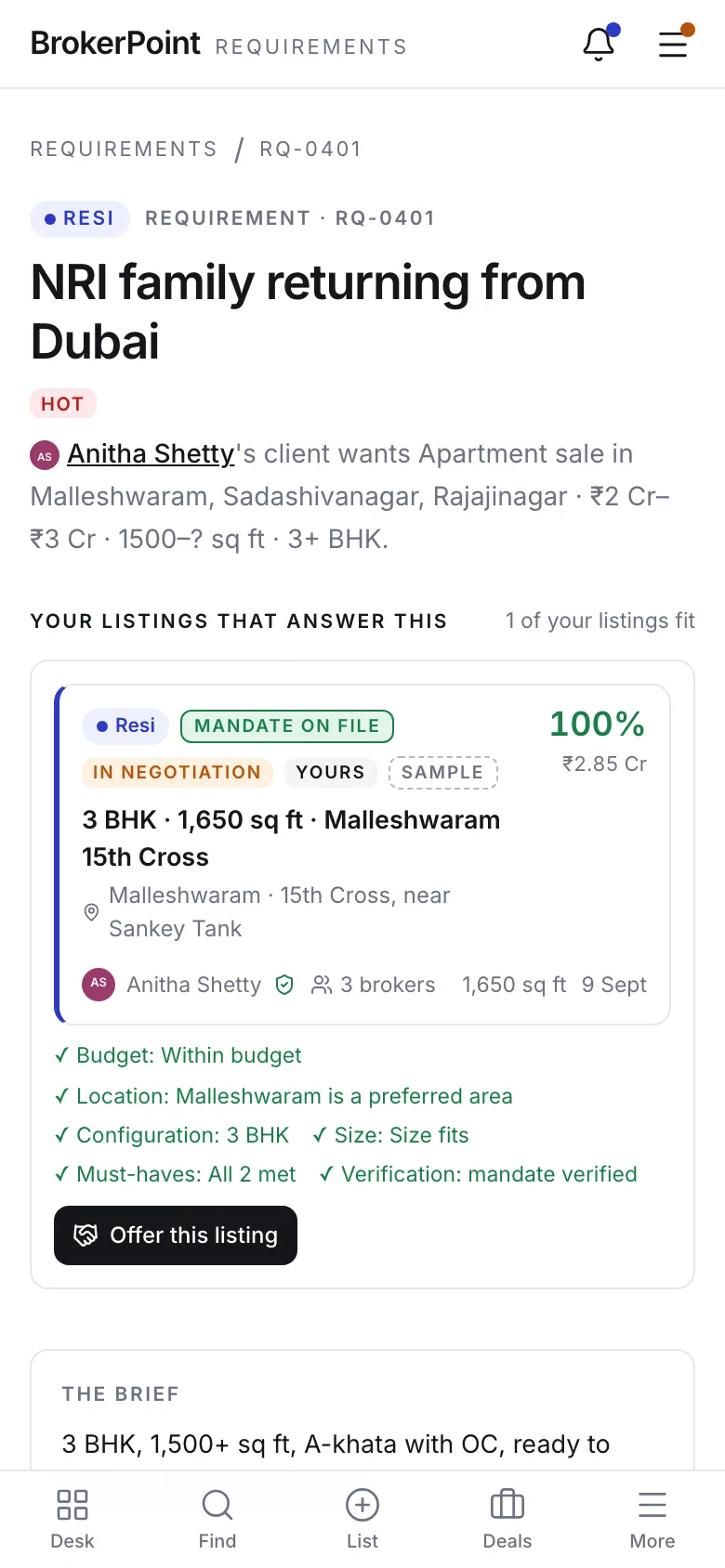 A requirement matched against a listing, on a phone, with the reasons for the score